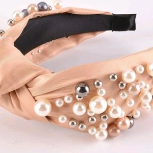 Beige Beaded Satin Headband